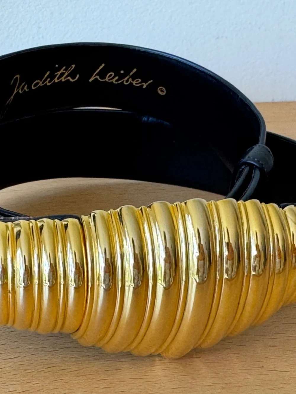 Vintage Judith Leiber Wide Black Leather Belt Ribbed Gold Tone Hinged Adjustable